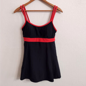 Vintage Mainstream Black Red Padded Spaghetti Strap One Piece Swim Skirt Sz 10